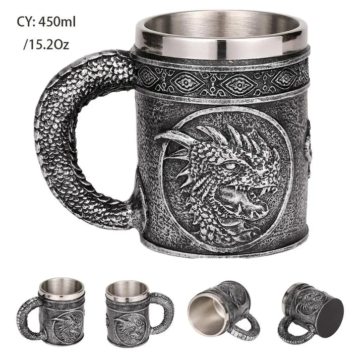 Medeltida Drak Resin Rostfritt Stål Mugg som Kaffe Mugg eller Te Mugg