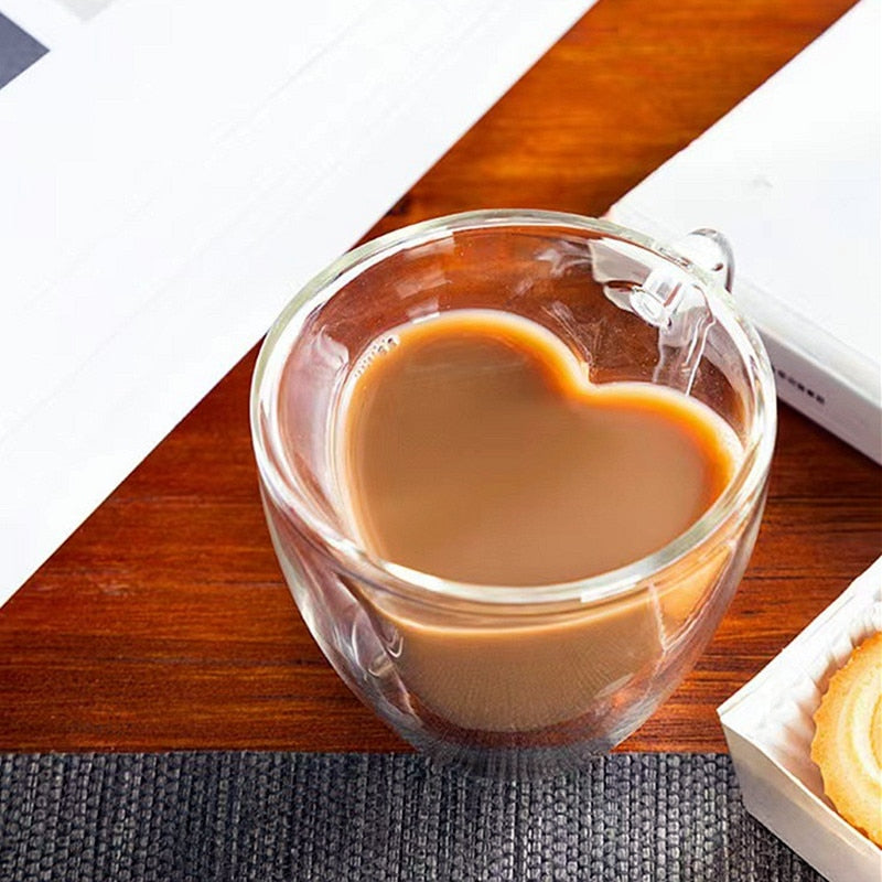 Hjärta Kärlek Form Glas Mugg Dubbelväggiga Kaffe Koppar Isolerade Te Mjölk Citronjuice Vatten Kopp Värmetålig Dryckesbehållare Älsklingspresent