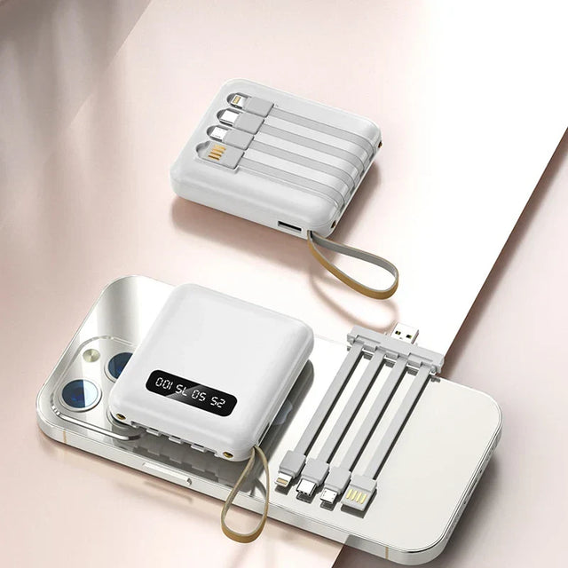 Mini Powerbank med Spegeldisplay | 20 000 mAh | Snabbladdningsfunktion & Integrerade Kablar | För iPhone, Samsung, Xiaomi & mer