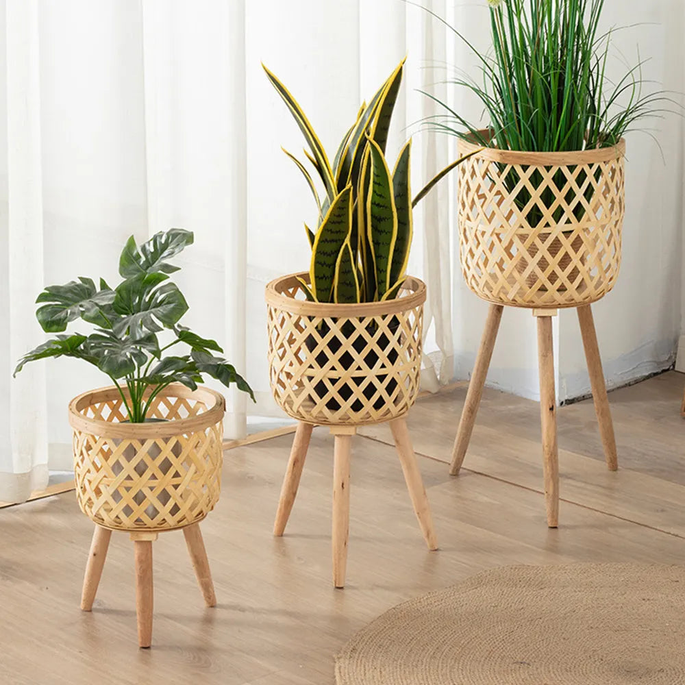 Handgjord Blomkruka i Bambufiber med Ställning för Växtblommor, Förvaring, DIY Förvaring, Barnens Blomkrukor, Heminredning