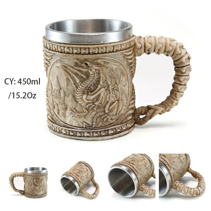 Medeltida Drak Resin Rostfritt Stål Mugg som Kaffe Mugg eller Te Mugg