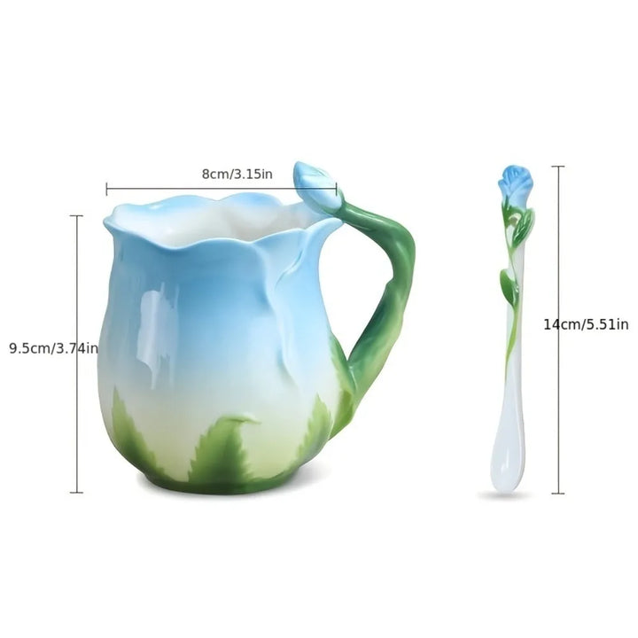 3D Ros Blomma Kaffe Mug Keramiska Kaffe Muggar Söt Estetisk Vattenglas med Sked Sommar Vinter Drickredskap Alla Hjärtans Dag Gåvor