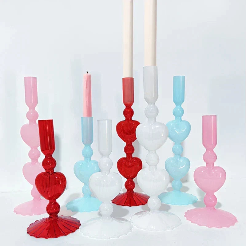 Retro Taper Candle Holder Röd Hjärta Form Glas Ljusställ Bröllop Bord Dekoration Hem Fest Glas Vaser Dekor
