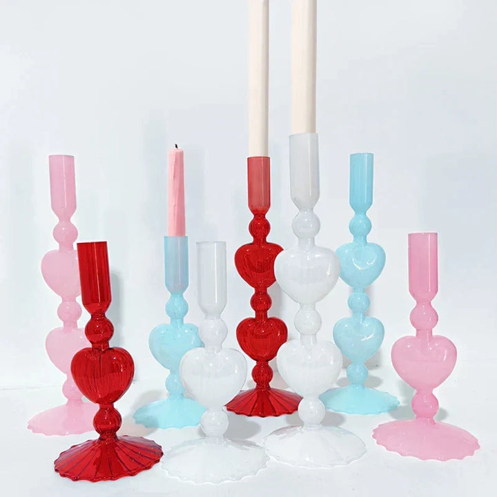 Retro Taper Candle Holder Röd Hjärta Form Glas Ljusställ Bröllop Bord Dekoration Hem Fest Glas Vaser Dekor