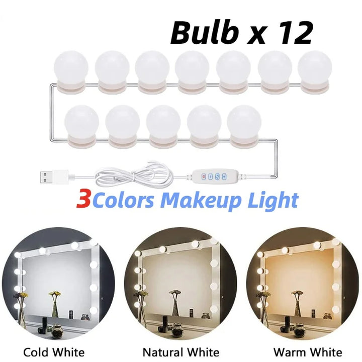 Glamora | LED Makeup Spegel Ljus Set | 10 Hollywood-Stil Lampor | USB, Dimbar &amp; 3 Färglägen