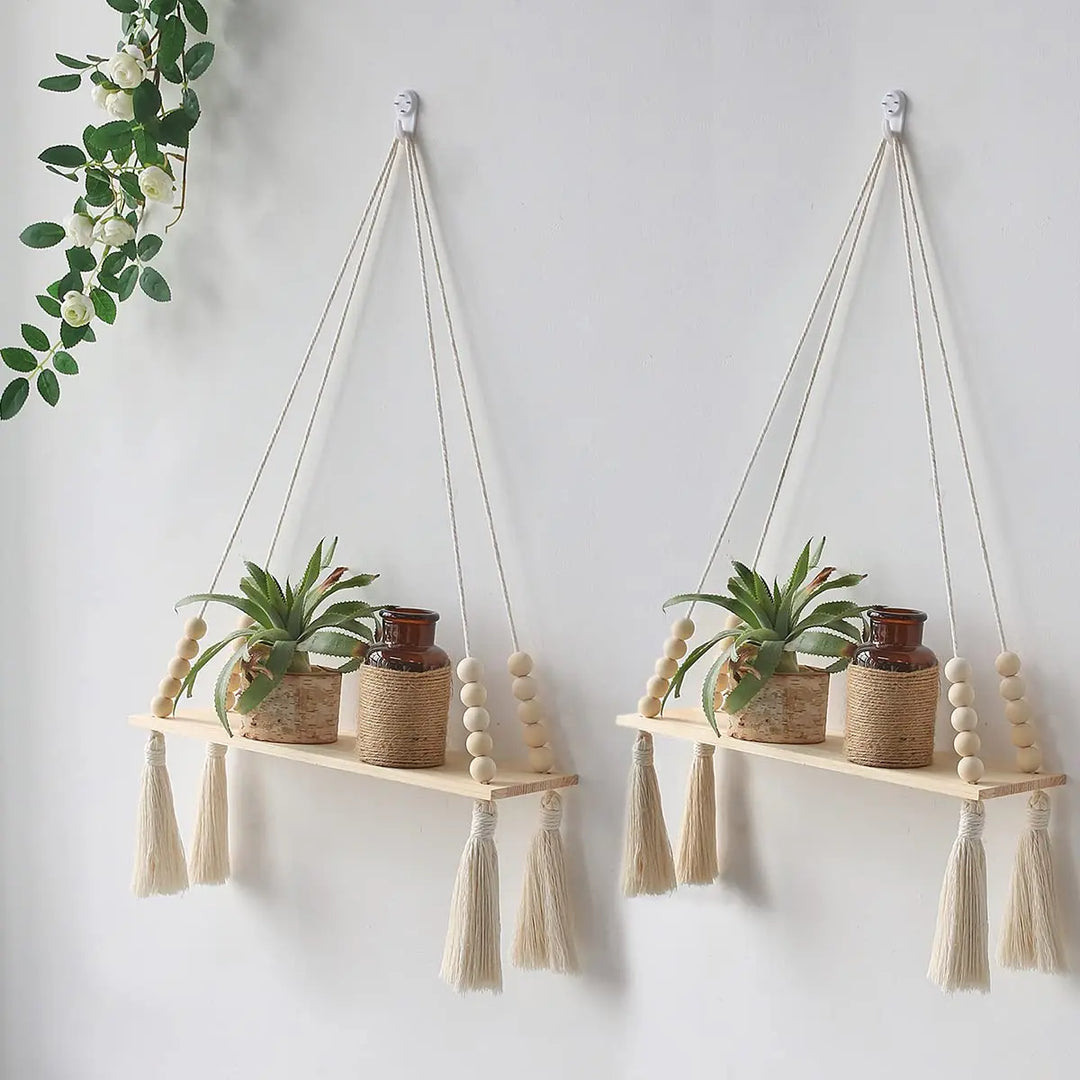 Vägghylla – Trä – Hängande hyllor – Boho heminredning – Rumsdekoration