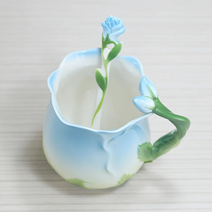 3D Ros Blomma Kaffe Mug Keramiska Kaffe Muggar Söt Estetisk Vattenglas med Sked Sommar Vinter Drickredskap Alla Hjärtans Dag Gåvor