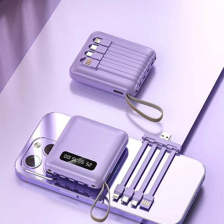 Mini Powerbank med Spegeldisplay | 20 000 mAh | Snabbladdningsfunktion &amp; Integrerade Kablar | För iPhone, Samsung, Xiaomi &amp; mer