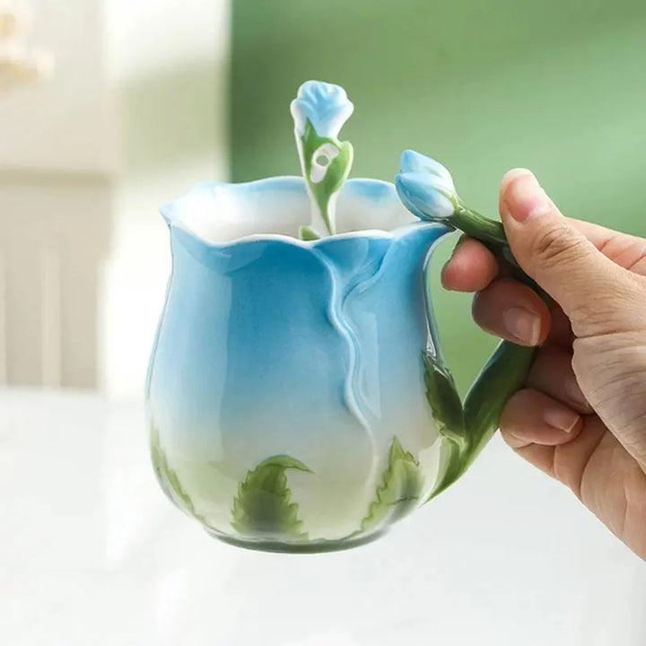 3D Ros Blomma Kaffe Mug Keramiska Kaffe Muggar Söt Estetisk Vattenglas med Sked Sommar Vinter Drickredskap Alla Hjärtans Dag Gåvor