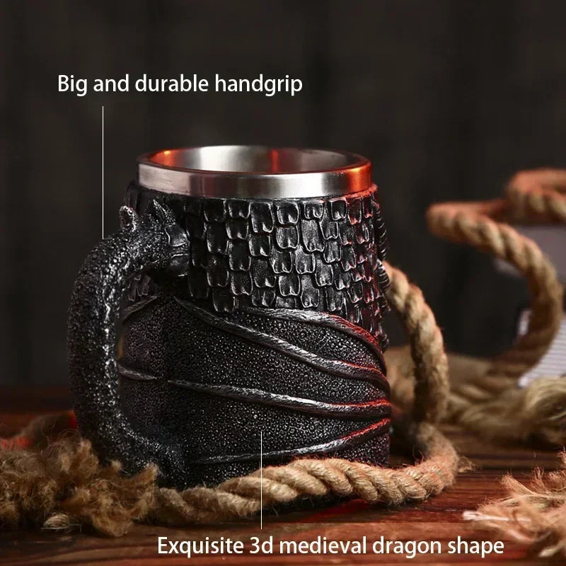 Medeltida Drak Resin Rostfritt Stål Mugg som Kaffe Mugg eller Te Mugg