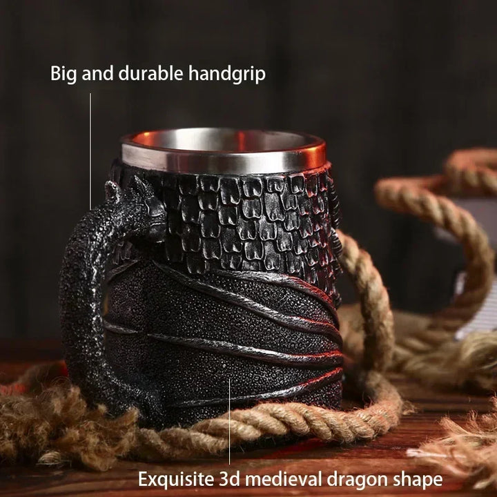 Medeltida Drak Resin Rostfritt Stål Mugg som Kaffe Mugg eller Te Mugg