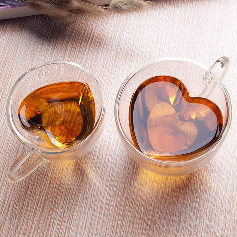 Hjärta Kärlek Form Glas Mugg Dubbelväggiga Kaffe Koppar Isolerade Te Mjölk Citronjuice Vatten Kopp Värmetålig Dryckesbehållare Älsklingspresent