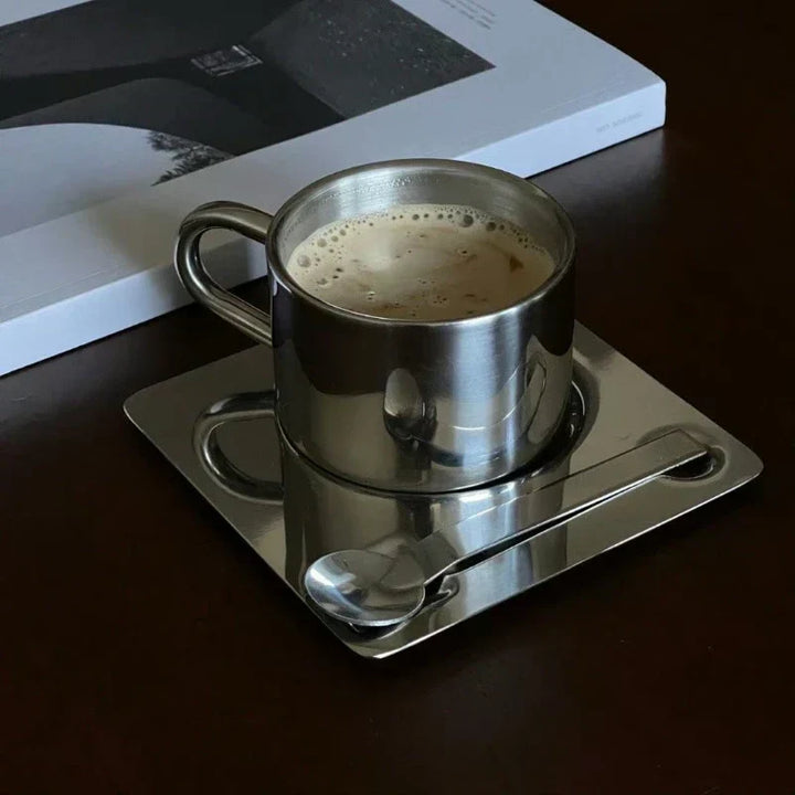 Kaffekopp och Bricka i Rostfritt Stål
