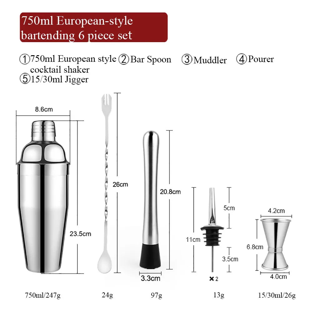 550 ml/750 ml Rostfritt Stål Cocktail Shaker Mixer Dryck Bartender Set Bar Set Verktyg Med Vinställ Stativ Verktyg för Födelsedagspresent