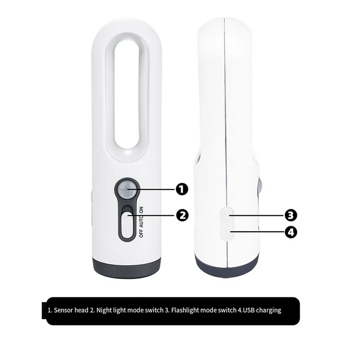 LED-nattljus med rörelsesensor | 2-i-1 nattljus &amp; ficklampa | Uppladdningsbart &amp; nödbelysning | Skymningssensor