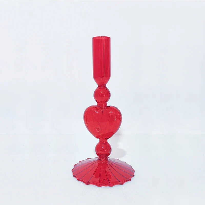 Retro Taper Candle Holder Röd Hjärta Form Glas Ljusställ Bröllop Bord Dekoration Hem Fest Glas Vaser Dekor