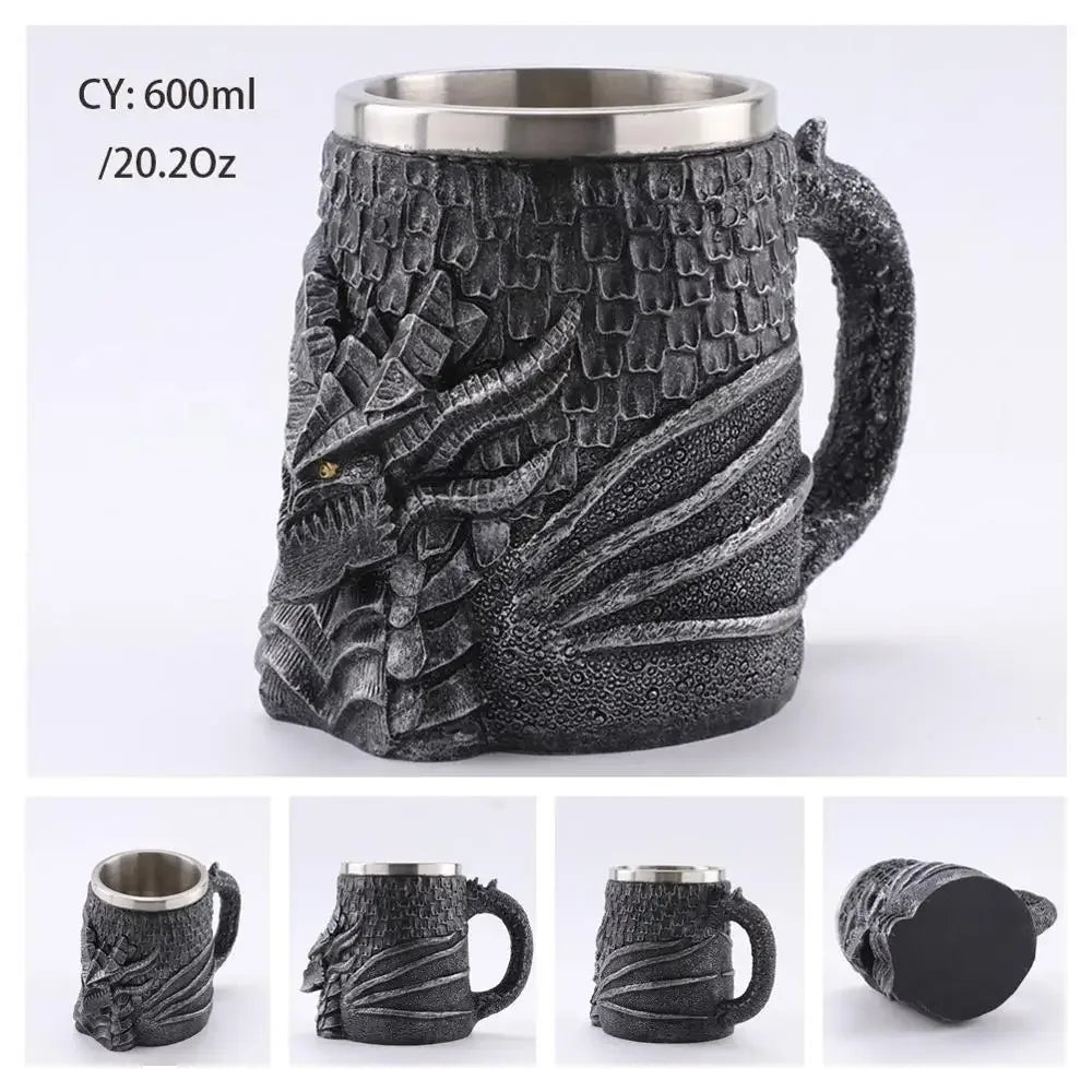 Medeltida Drak Resin Rostfritt Stål Mugg som Kaffe Mugg eller Te Mugg
