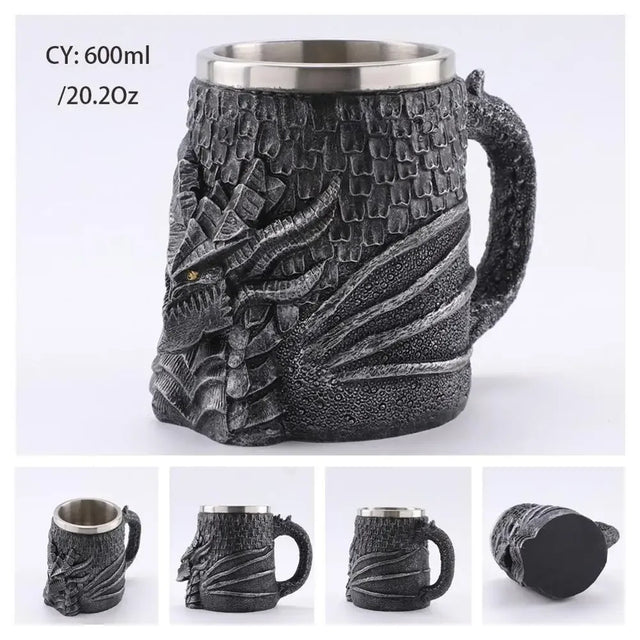 Medeltida Drak Resin Rostfritt Stål Mugg som Kaffe Mugg eller Te Mugg