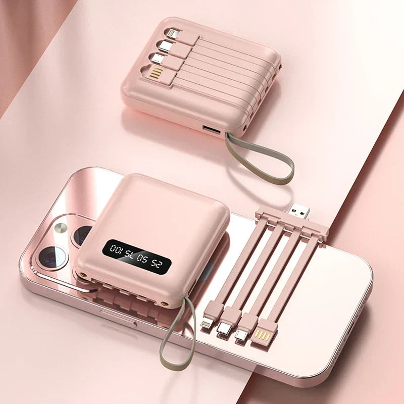 Mini Powerbank med Spegeldisplay | 20 000 mAh | Snabbladdningsfunktion &amp; Integrerade Kablar | För iPhone, Samsung, Xiaomi &amp; mer