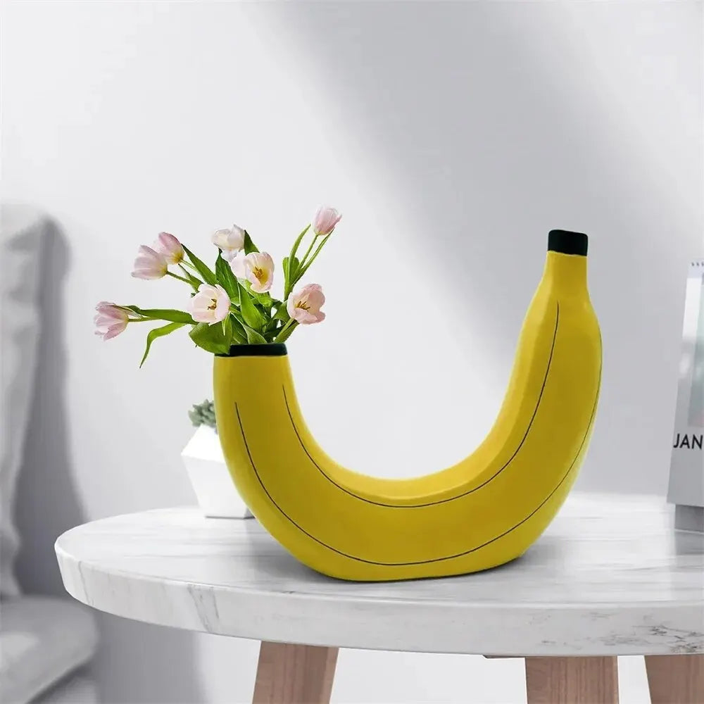 Bananvas, blomvas gjord av resin, söt bananform, dekorativ bordsvas för blomsterarrangemang, vardagsrum, sovrum, heminredning