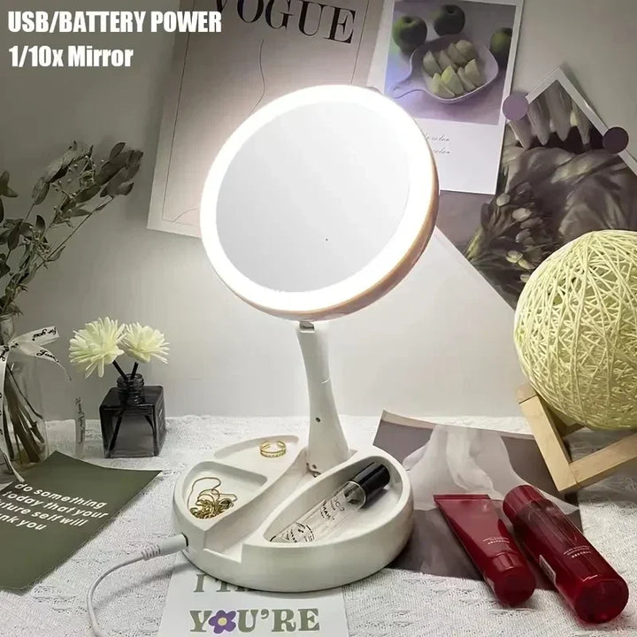 Glamora Resemirror LED | Dubbel-Sidig &amp; 10x Förstoring | Fällbar &amp; Bärbar | Med Tillbehörsfack