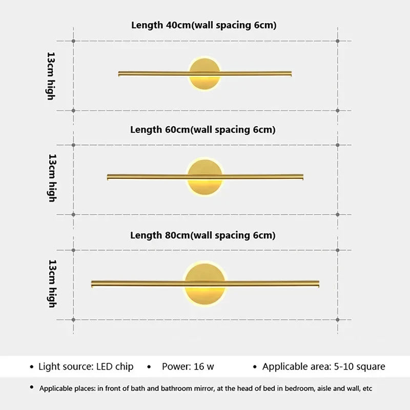 LED Vägglampa LineaLux | Svart &amp; Guld | 40/60/80 cm | Varm, Kall &amp; Tre-färgs Ljus | Modern Spegel &amp; Väggbelysning