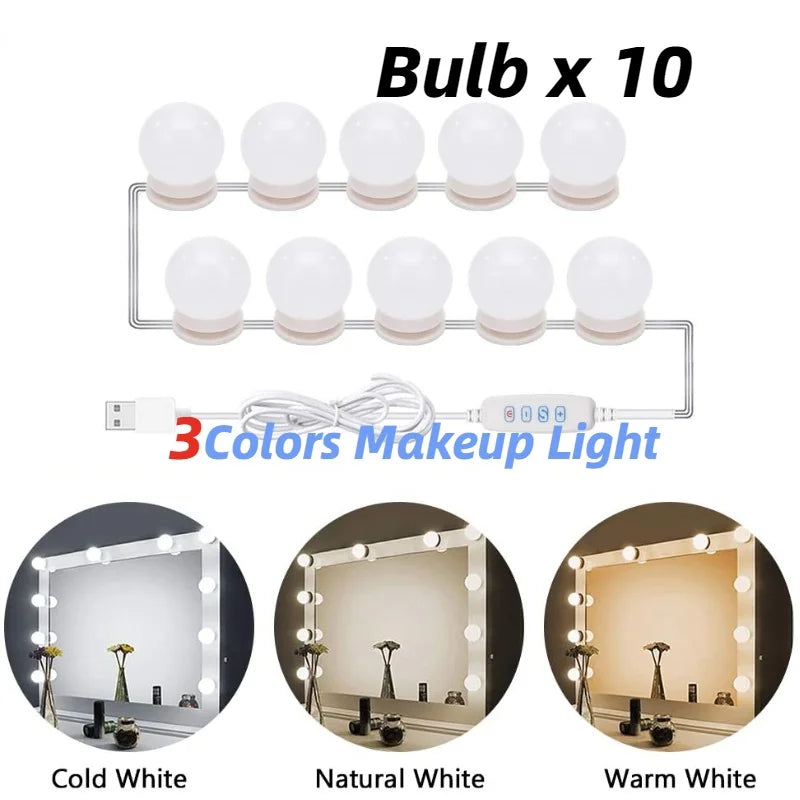 Glamora | LED Makeup Spegel Ljus Set | 10 Hollywood-Stil Lampor | USB, Dimbar &amp; 3 Färglägen