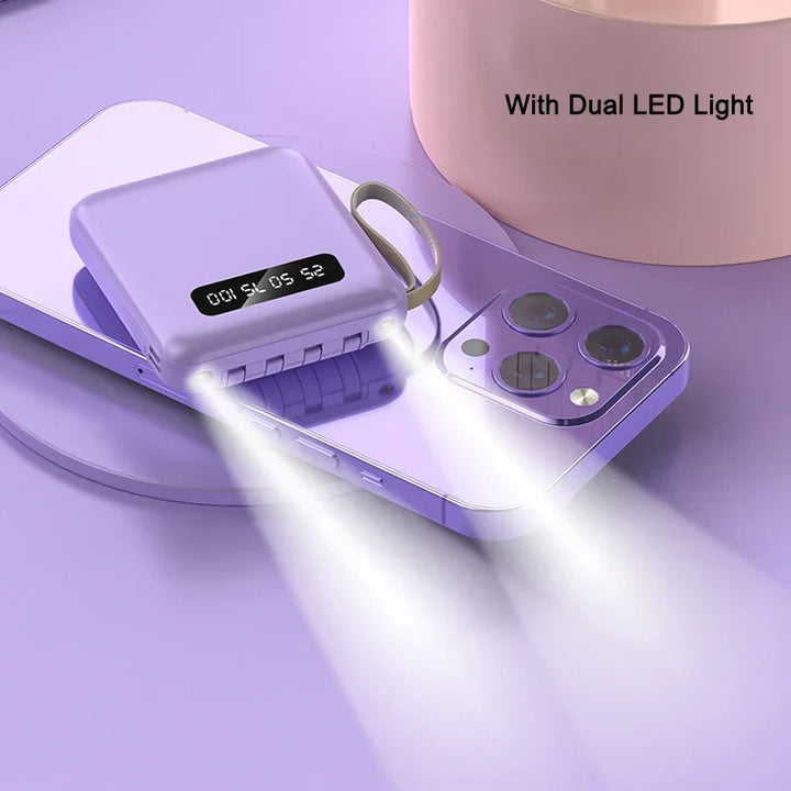 Mini Powerbank med Spegeldisplay | 20 000 mAh | Snabbladdningsfunktion &amp; Integrerade Kablar | För iPhone, Samsung, Xiaomi &amp; mer