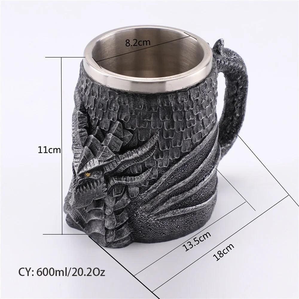 Medeltida Drak Resin Rostfritt Stål Mugg som Kaffe Mugg eller Te Mugg