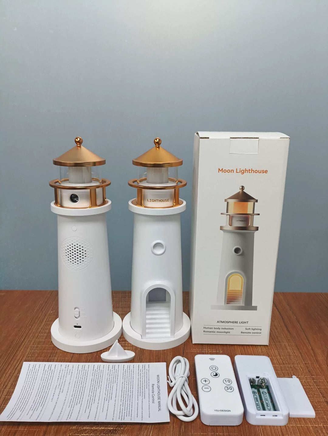 Månbelyst Fyrprojektionslampa Ambient Nattljus Bluetooth-högtalare Fjärrkontroll Rörelsesensor Bordslampa