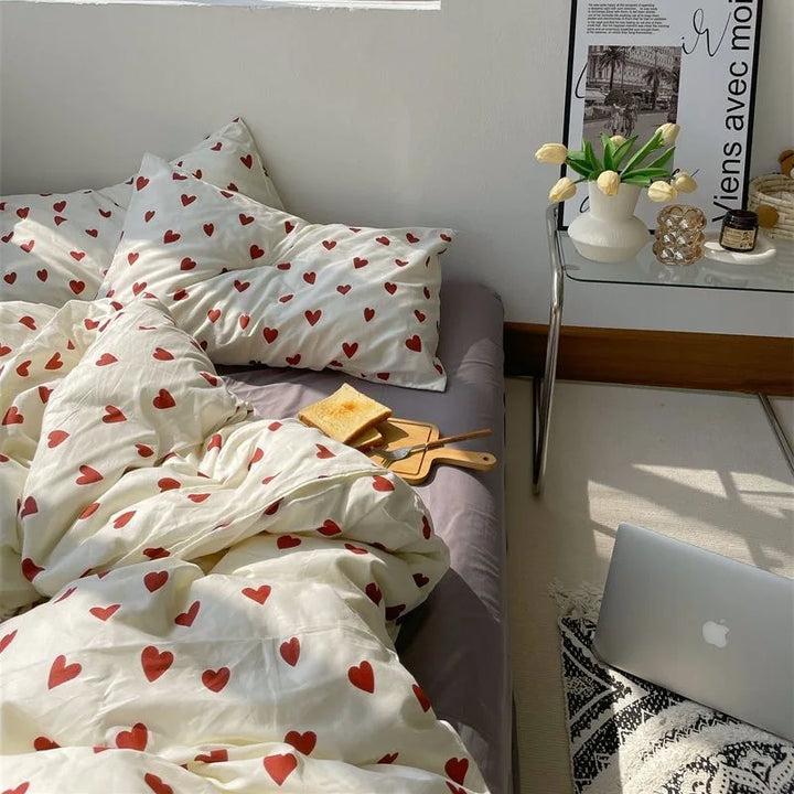 CozyLove | Twin, Full &amp; Queen Duvet Cover Set – Mjuk sängkläder i koreansk stil med hjärtdesign