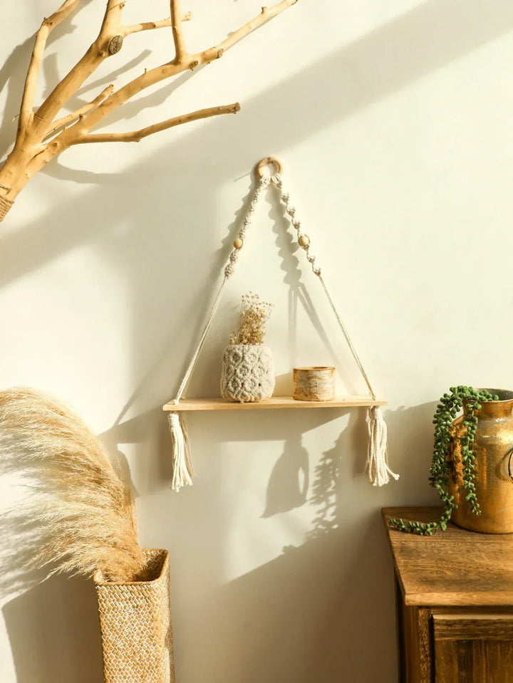 Vägghylla – Trä – Hängande hyllor – Boho heminredning – Rumsdekoration