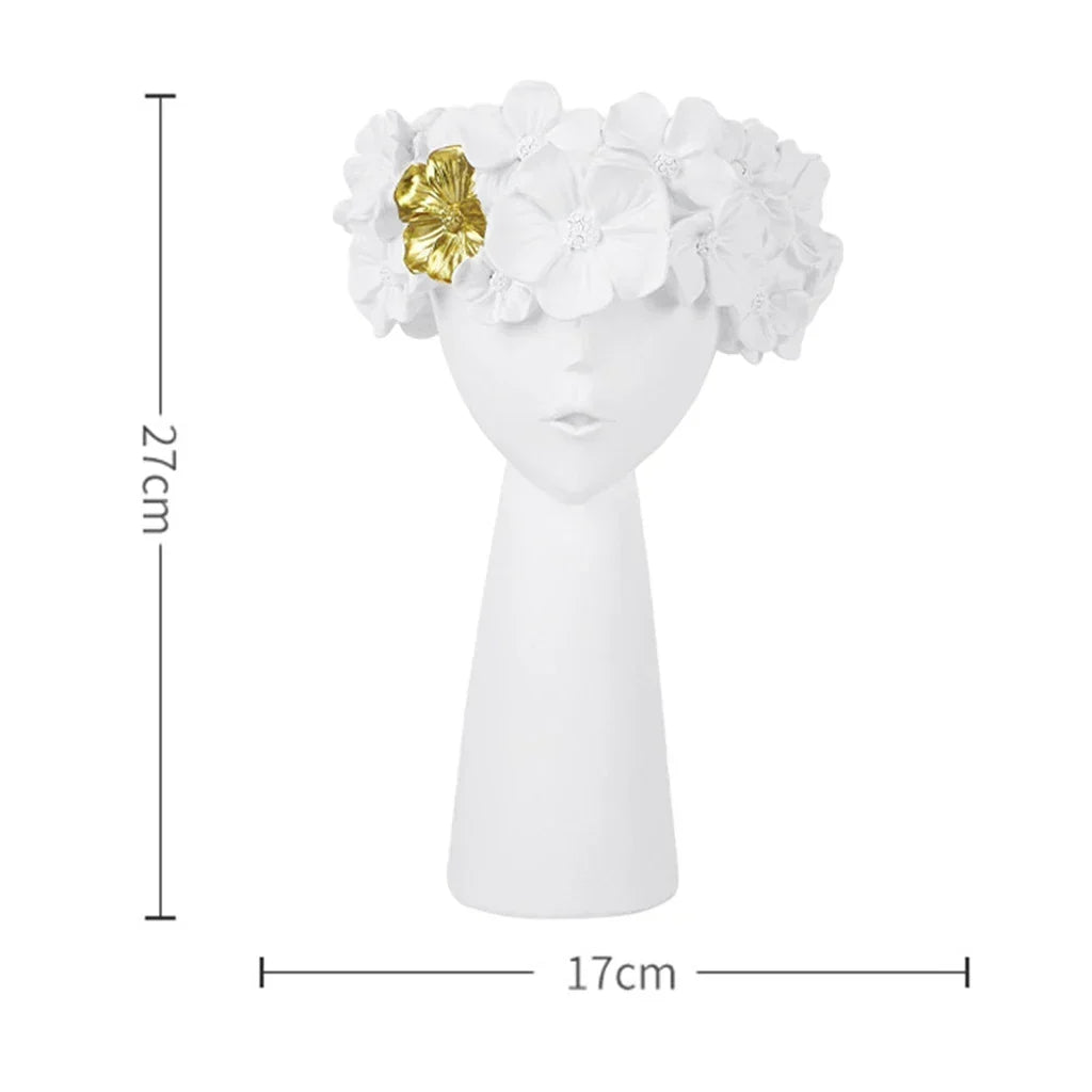 Nordisk Flicka Huvud Blomster Resin Vaso Staty Blomvaser för Kontor Skrivbord Torkade Blommor Dekorationsbehållare