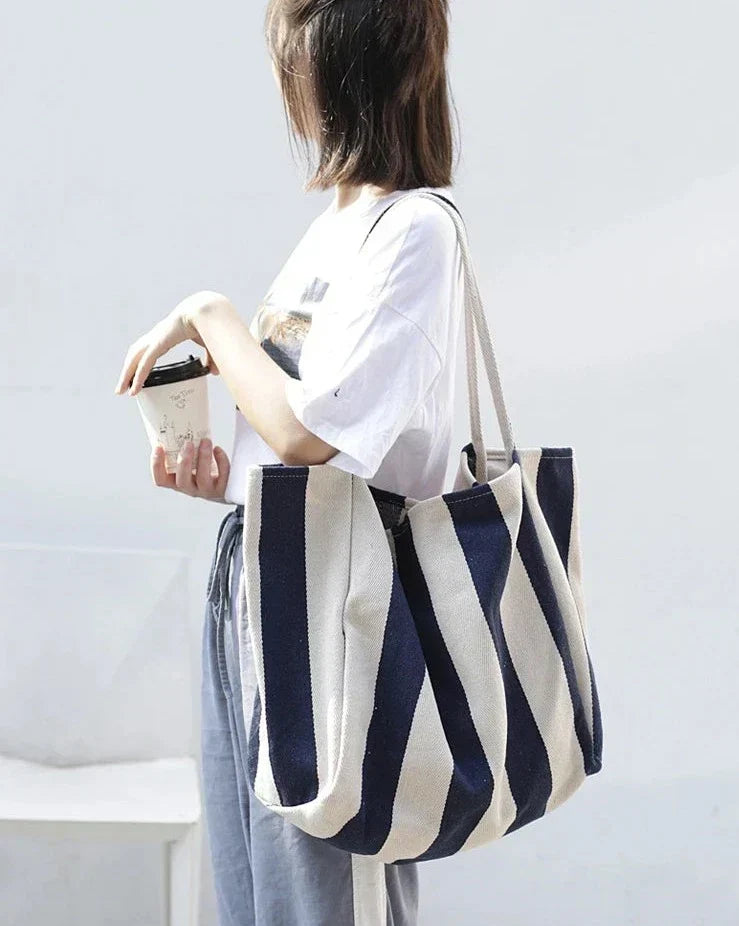 Randig linne tote bag