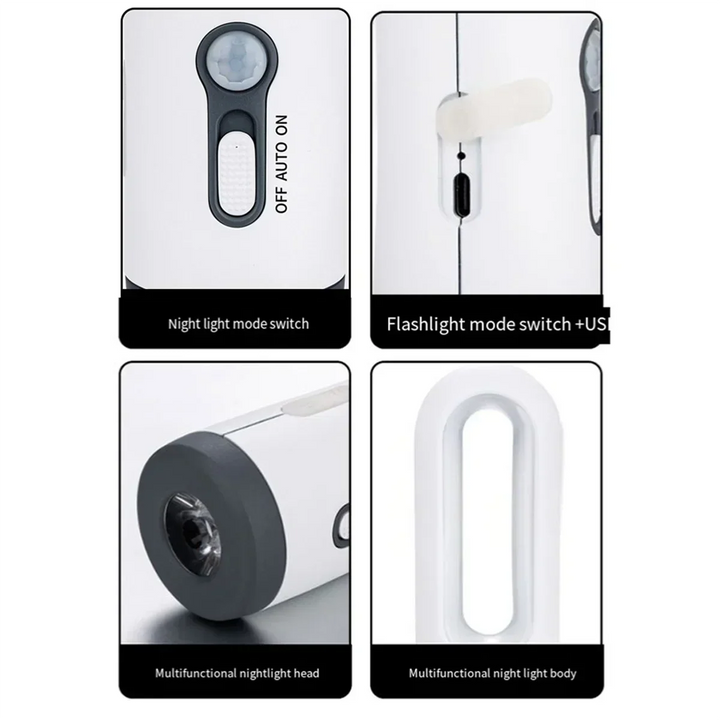 LED-nattljus med rörelsesensor | 2-i-1 nattljus &amp; ficklampa | Uppladdningsbart &amp; nödbelysning | Skymningssensor