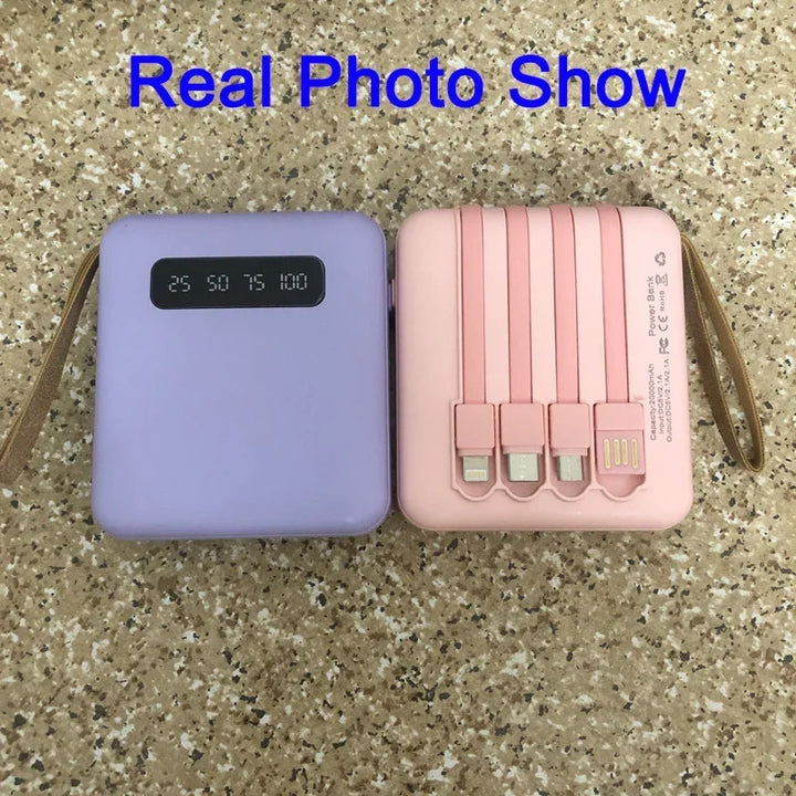 Mini Powerbank med Spegeldisplay | 20 000 mAh | Snabbladdningsfunktion &amp; Integrerade Kablar | För iPhone, Samsung, Xiaomi &amp; mer