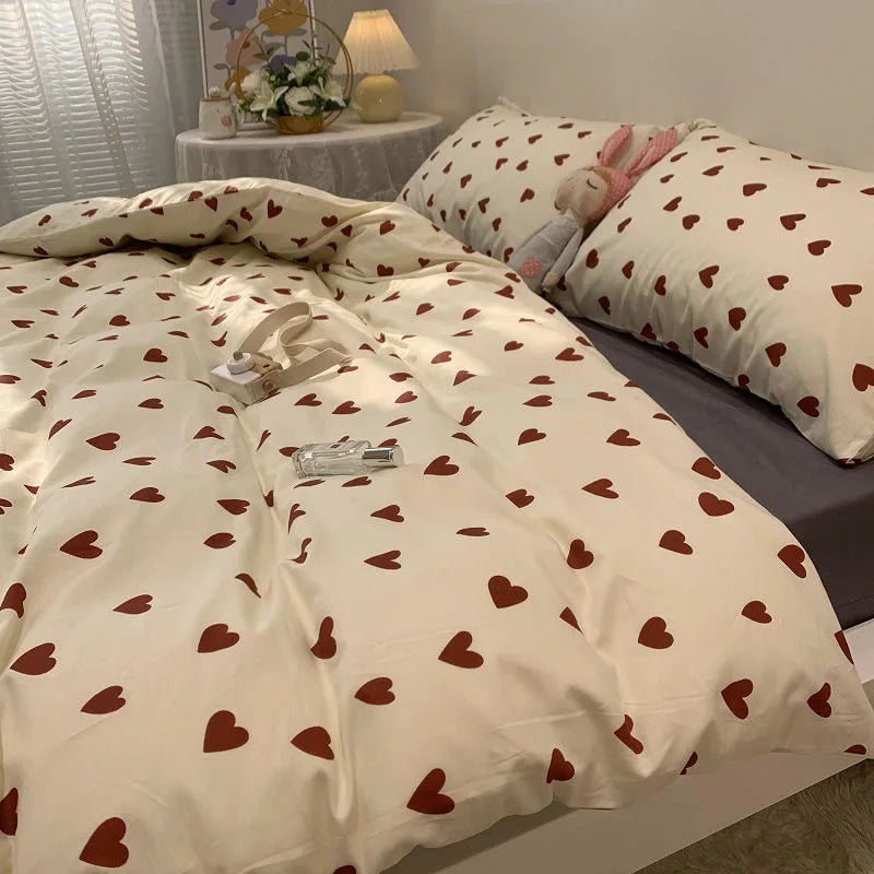 CozyLove | Twin, Full &amp; Queen Duvet Cover Set – Mjuk sängkläder i koreansk stil med hjärtdesign
