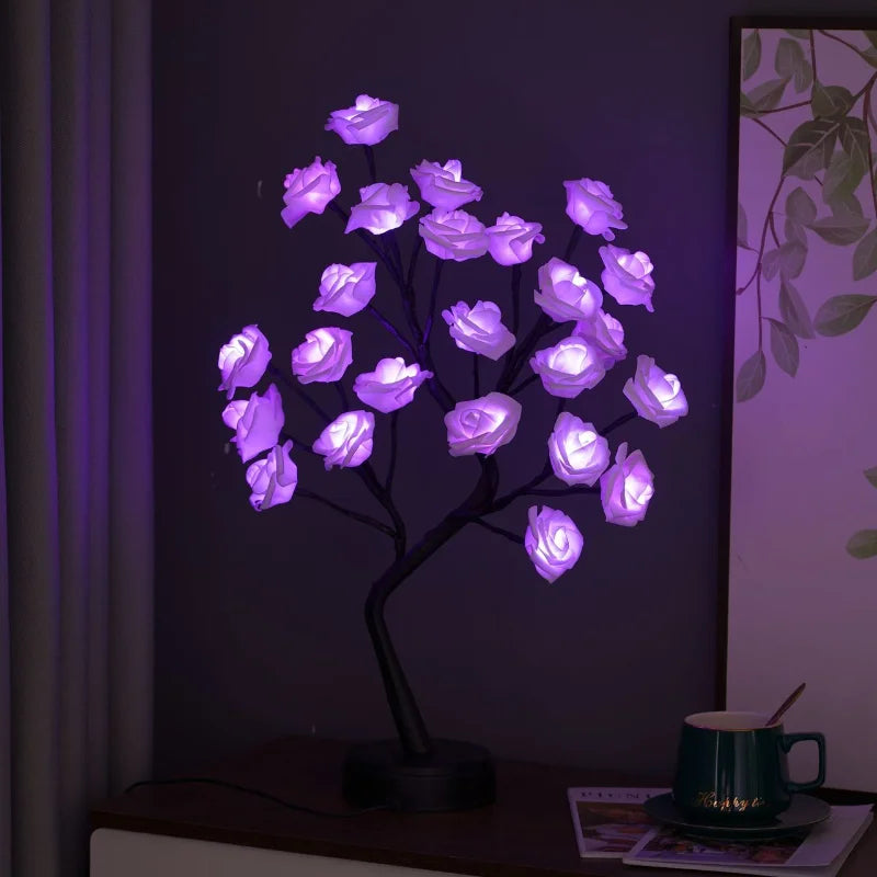 RGB Ros Blomma Träd Lampor 24LED USB Batteri Bordslampa Fe Nattljus Hem Fest Jul Bröllop Sovrum Dekoration Gåva