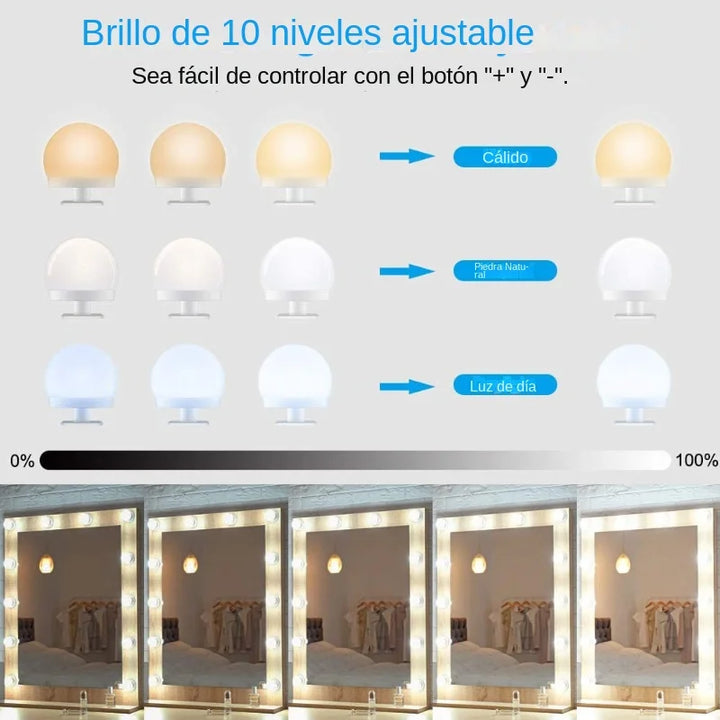 Glamora | LED Makeup Spegel Ljus Set | 10 Hollywood-Stil Lampor | USB, Dimbar &amp; 3 Färglägen