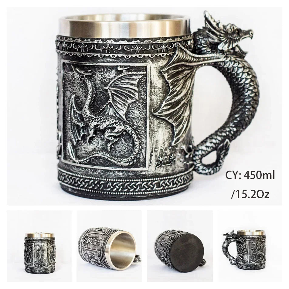 Medeltida Drak Resin Rostfritt Stål Mugg som Kaffe Mugg eller Te Mugg