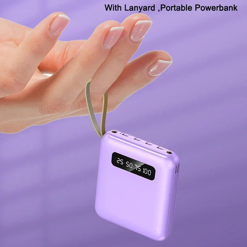 Mini Powerbank med Spegeldisplay | 20 000 mAh | Snabbladdningsfunktion &amp; Integrerade Kablar | För iPhone, Samsung, Xiaomi &amp; mer