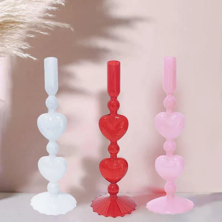 Retro Taper Candle Holder Röd Hjärta Form Glas Ljusställ Bröllop Bord Dekoration Hem Fest Glas Vaser Dekor