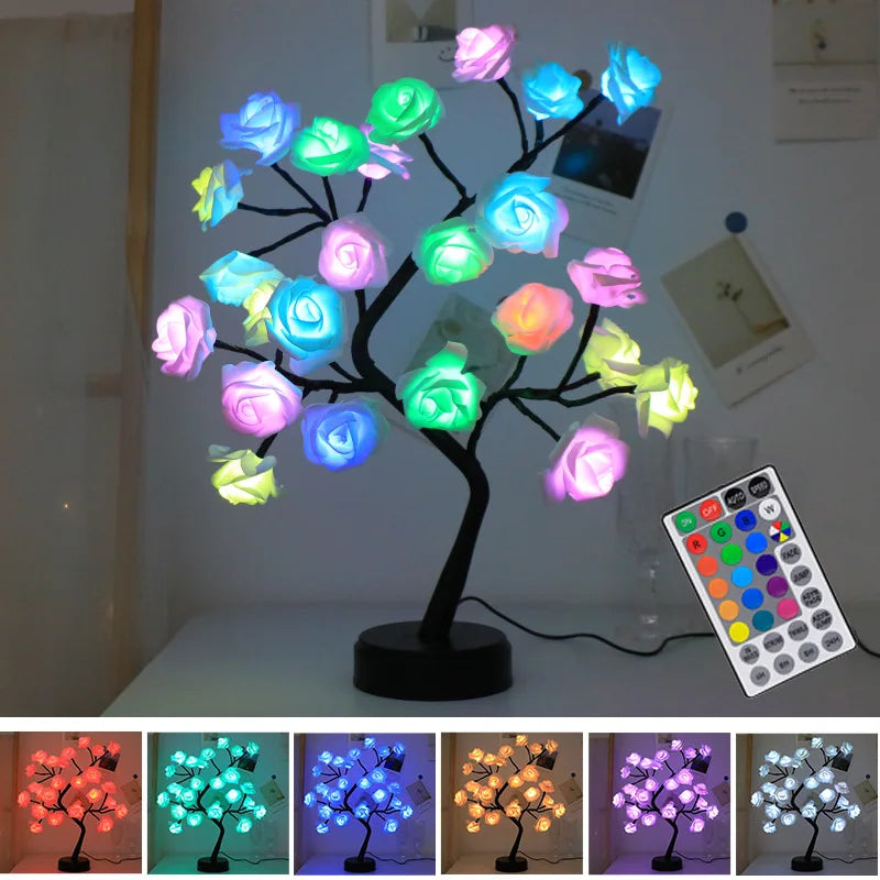RGB Ros Blomma Träd Lampor 24LED USB Batteri Bordslampa Fe Nattljus Hem Fest Jul Bröllop Sovrum Dekoration Gåva