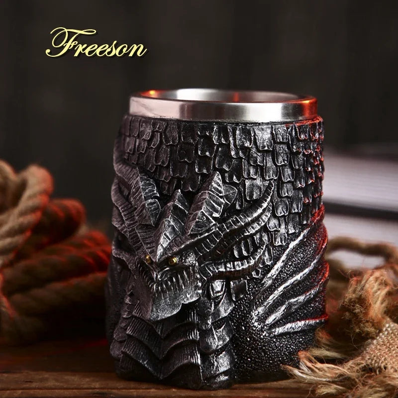 Medeltida Drak Resin Rostfritt Stål Mugg som Kaffe Mugg eller Te Mugg
