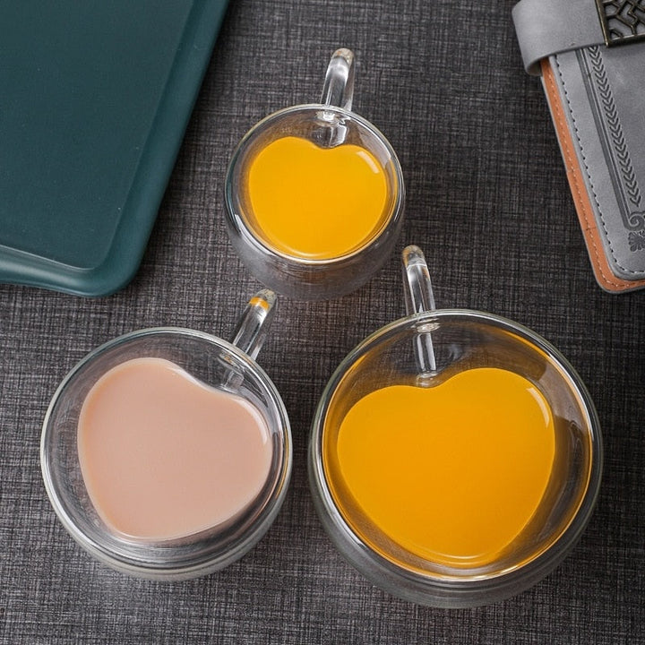 Hjärta Kärlek Form Glas Mugg Dubbelväggiga Kaffe Koppar Isolerade Te Mjölk Citronjuice Vatten Kopp Värmetålig Dryckesbehållare Älsklingspresent