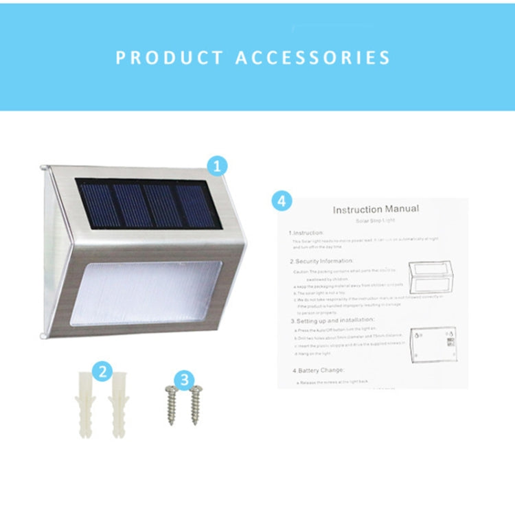 2PCS Solarbatteri Rostfritt Stål 3 LED Trappvägglampa Utomhus Trädgårdsgjerdelampa (Vitt Ljus)