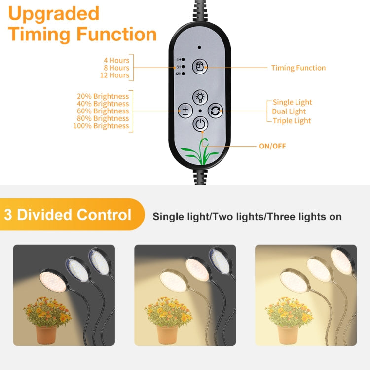 LED Växtbelysning Lampa USB Fjärrkontroll Klämma Vattentät Fullspektrum Naturligt Vit Fröplanta Lampa, Effekt: 45W Tre Huvuden
