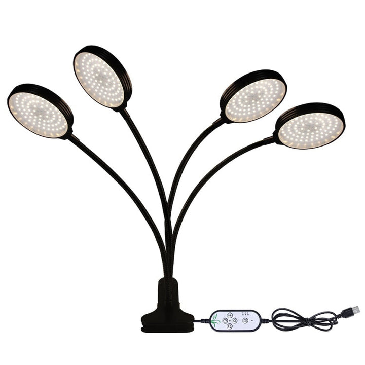 LED Växtbelysning Lampor USB Fjärrkontroll Klämma Vattentålig Fullspektrum Naturligt Vitt Fröplanta Ljus, Effekt: 60W Fyra Huvuden