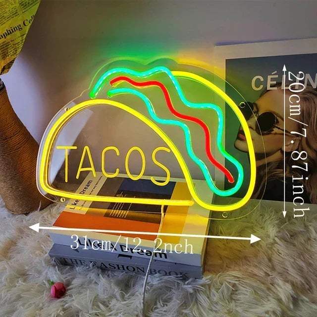 Neon Snabbmatskylt – Ljusa Tacos Design, LED Nattlampa för Restauranger och Kök |