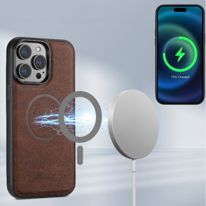 Läderfodral för mobiltelefon med kortfack och stativ